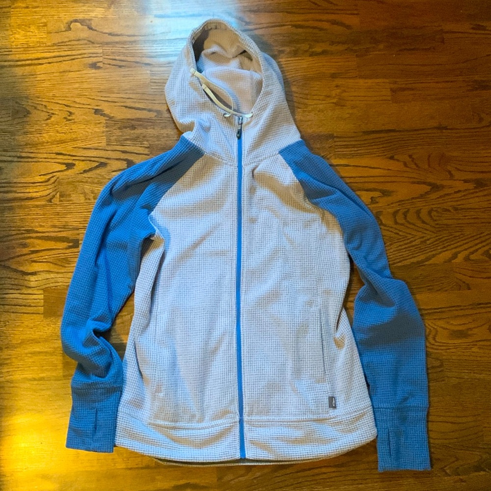 Outdoor Research Hooded Fleece Full Zip. Grey and blue. Super soft. Size Medium.